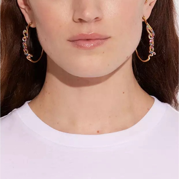 COACH Gold Tone Hypoallergenic Rainbow Crystal Logo Script Hoop Earrings - Picture 4 of 10